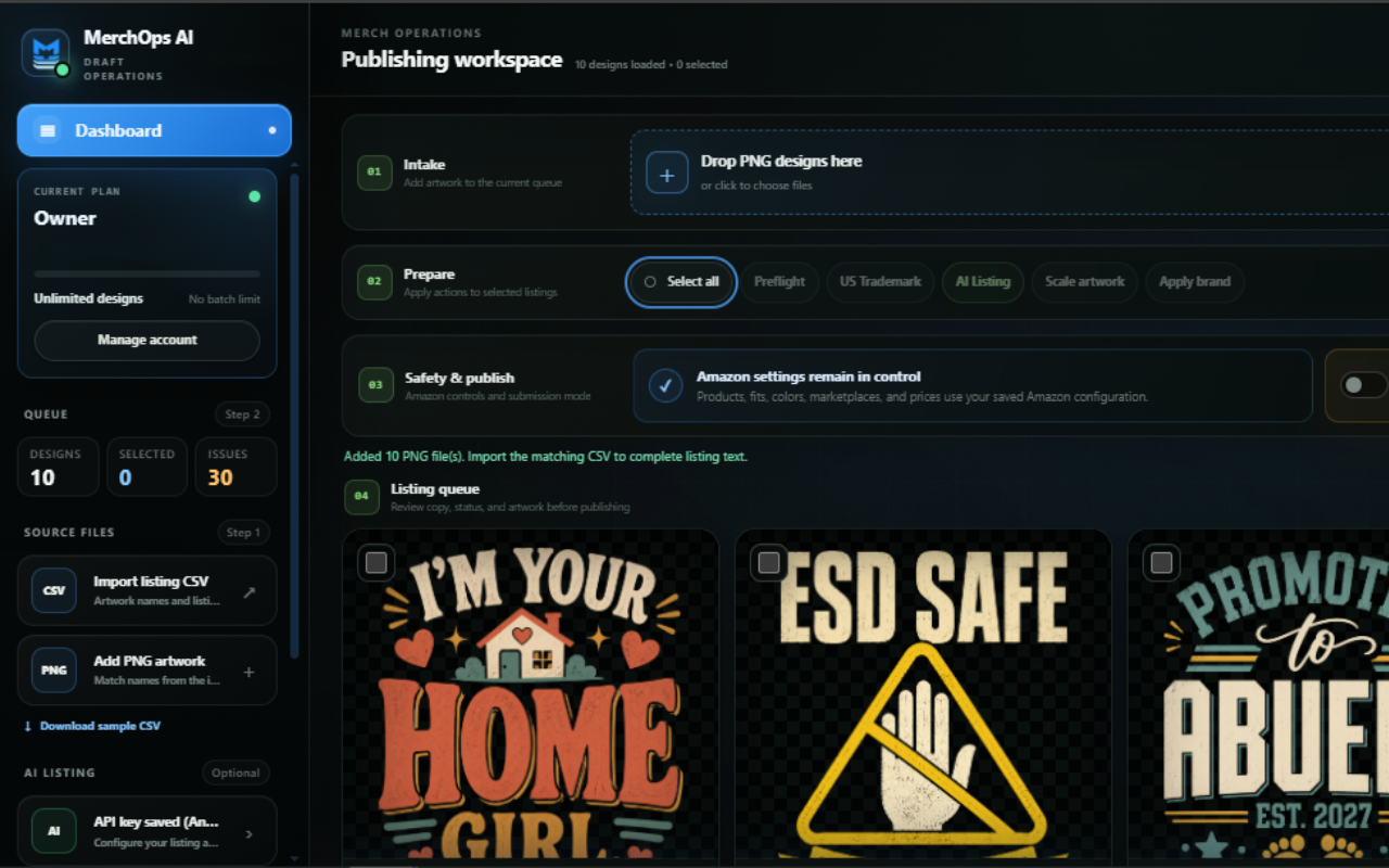 MerchOps AI extension dashboard showing the publishing workspace, preparation tools, and listing queue